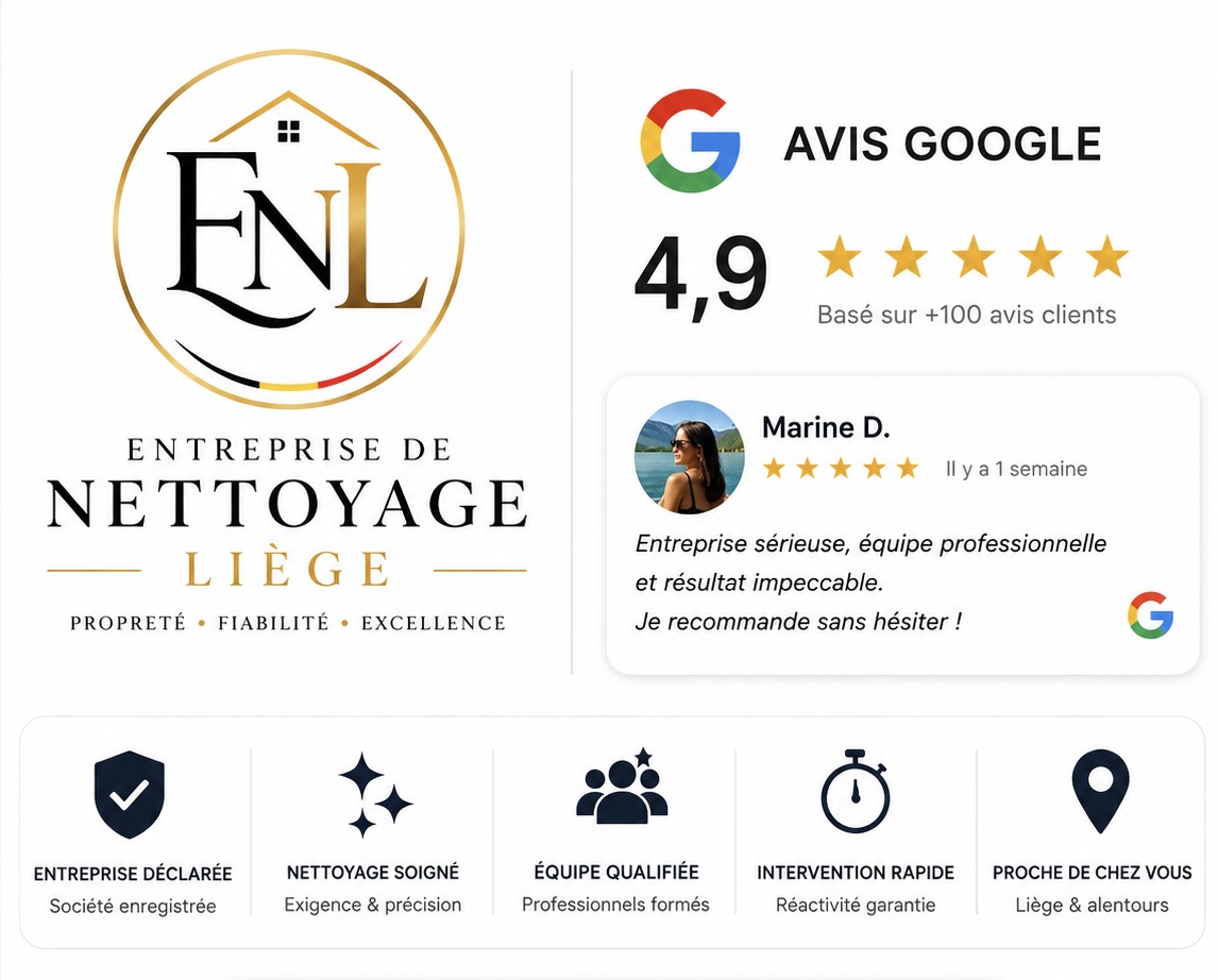 Avis Google 4,9/5 pour Entreprise Nettoyage Liège et garanties : entreprise déclarée, nettoyage soigné, équipe qualifiée, intervention rapide